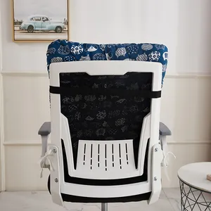 Rear view of thick blue one-piece seat cushion secured to a white office chair