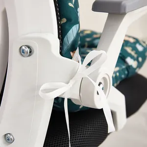 Close-up showing white ribbon tie on a green integrated office chair seat cushion