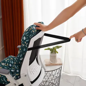 Detailed view of the elastic fixing strap on a thick floral integrated chair cushion