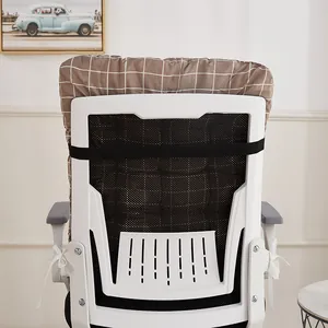 Back view of brown plaid chair cushion secured with elastic band on office chair