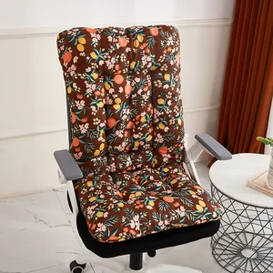 Detail view of thickened one-piece chair cushion with brown floral and citrus pattern