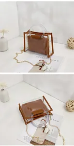 Detailed view of trendy transparent PVC 2-piece chain bag with brown inner pouch