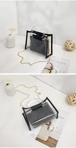 Macro view of the transparent PVC handbag with a black inner pouch and gold chain.