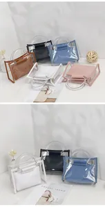 Group of stylish transparent tote bags with inner pouches and round handles in multi-colors