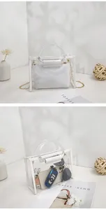 Detailed view of the transparent tote bag containing items like sunglasses and a car key.