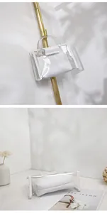 Multiple angles showing the minimalist transparent white handbag with inner pouch.