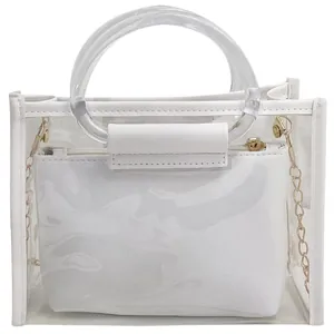 Trendy transparent sub-mother handbag set with white inner pouch and chain strap
