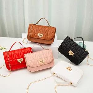 Women Embroidered Quilted Shoulder Bag PU Leather Chain Crossbody Handbag With Metal Lock Small Square Bag Casual Daily Fashion