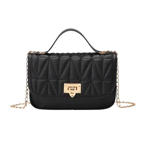 Elegant black quilted chain crossbody bag for women with a gold-tone metal lock