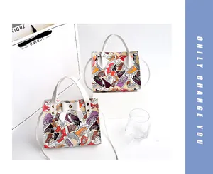 Close-up detail of stylish bow-knot handbags featuring colorful sneaker graffiti prints on white