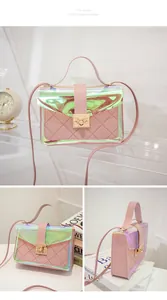 Detailed views of a pink quilted transparent bag with holographic finish and gold lock.