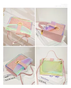 Multiple views of a trendy pink holographic handbag with a stylish gold lock buckle