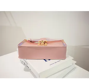 Detailed side view of pink lattice handbag with transparent flap and gold lock