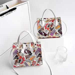 Fashion Women PU Leather Daisy Print Handbag Small Contrast Color Square Crossbody Bag Bow Decorative Top Handle Bag