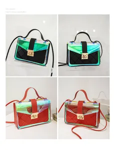 Multi-angle view of stylish iridescent transparent handbags with quilted pouch and gold lock