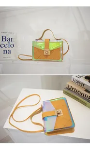 Detail view of stylish iridescent transparent handbag featuring a quilted inner pouch and gold lock