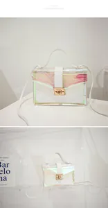 Close-up detail of a holographic quilted transparent crossbody bag with gold-tone lock