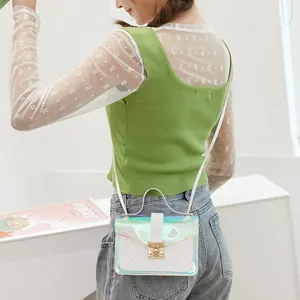 Trendy holographic transparent crossbody bag with white quilted flap and gold lock