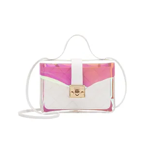 Trendy iridescent transparent handbag with white quilted panel and gold metal lock