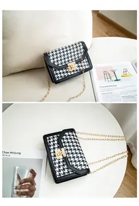 Close-up views of a stylish houndstooth crossbody bag with gold-tone chain strap