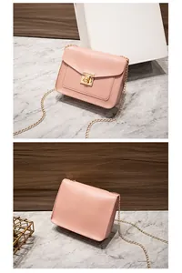 Front and back macro view of pink lizard textured crossbody bag with gold chain