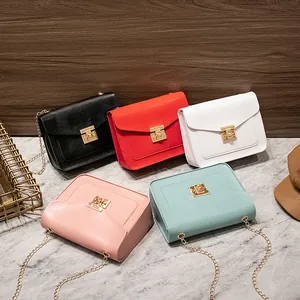 Fashion Women Chain Small Square Bag Solid Color PU Leather Mobile Phone Bag Metal Lock Single Shoulder Crossbody Bag