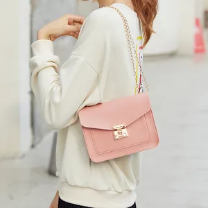 Elegant pink chain shoulder bag for women with gold lock and snakeskin texture.