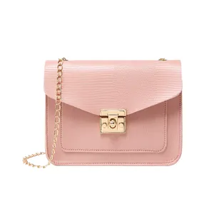 Elegant pink lizard pattern small square bag with luxury gold chain and clasp closure