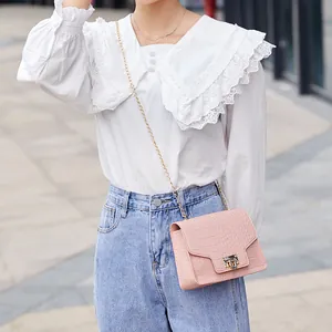 Fashionable pink crocodile embossed leather chain crossbody square bag with gold lock