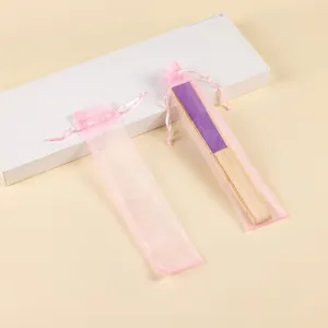 Bolsa de regalo de organza rosa con cordón para funda de abanico de mano de 23cm