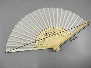 21cm white folding fan with bamboo ribs and silk fabric showing dimensions 38cm width