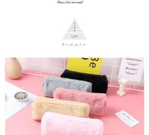 Detailed display of plush octagonal pencil cases in five aesthetic pastel colors