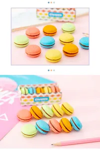 Detaillierte Makroansicht bunter Radiergummis in Macaron-Form für Kinder und Schüler