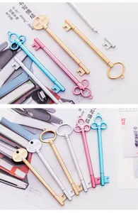 Vue détaillée des stylos gel créatifs en forme de clé rétro dans des tons métalliques.