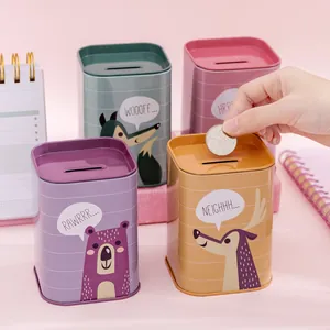 Square metal tin piggy banks with cute cartoon animal designs for children coin saving.