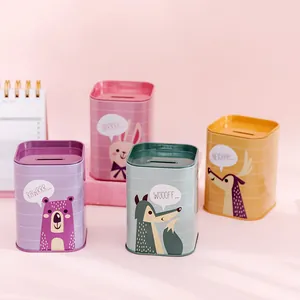 Collection of square metal tinplate piggy banks with cute cartoon animal designs