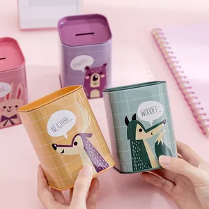 Cute cartoon animal tinplate rectangular piggy banks in multiple colors for kids savings