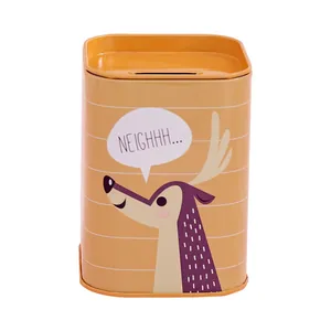 Cute yellow square metal tinplate piggy bank with cartoon animal and 'NEIGH' text