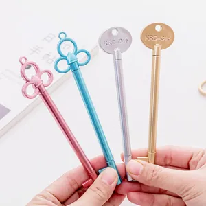 Gros plan de quatre stylos gel colorés en forme de clés vintage tenus à la main