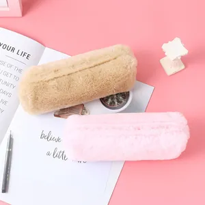 Cute fuzzy plush octagonal pencil case in pink and beige for students stationery