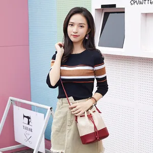 Fashionable women's color-block quilted bucket bag with crossbody drawstring strap
