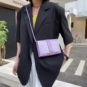 Purple floral lace embroidery square crossbody bag for women with gold ring