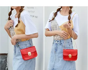 Dettaglio di una piccola borsa quadrata rossa con motivo a pietra e catena dorata