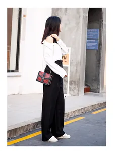 Asian model wearing a stylish red snake-patterned chain crossbody bag in street setting
