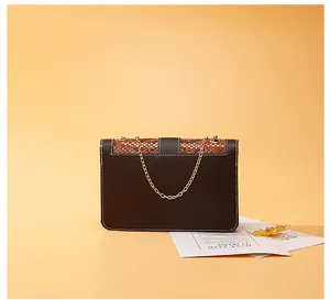 Detail view of a color-block snakeskin print chain crossbody bag in a studio setting
