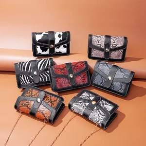 Fashion PU Leather Animal Texture Crossbody Bag Trendy Color Blocking Chain Shoulder Bag Mini Square Flap Bag For Women Casual Daily Streetwear