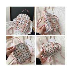 Multi-angle detail view of a stylish mini plaid backpack with pink straps for women.