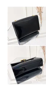 Back and side profile details of a glossy black patent leather laser small square bag