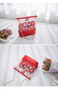 Detailansicht rote transparente Beuteltasche mit Gänseblümchen-Innentasche und Kette.