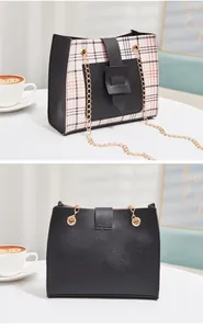 Detailed front and back views of a stylish plaid color-block crossbody bag with gold chain